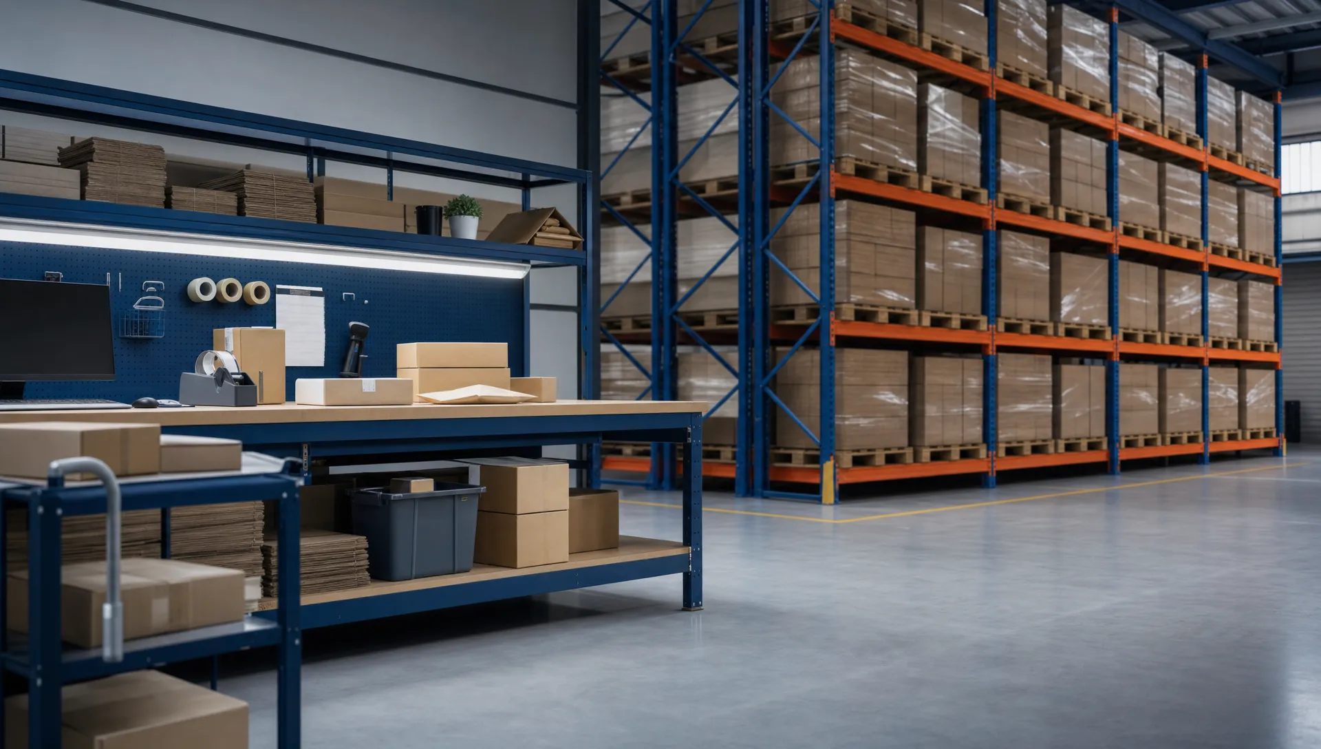 B2B vs B2C Fulfilment: What's the Difference? 1 A clean warehouse scene with one packing bench handling small parcel orders and a separate pallet storage area in racking behind it, showing the contrast between consumer dispatch and trade stock. No logos, brand names or readable text appear anywhere.