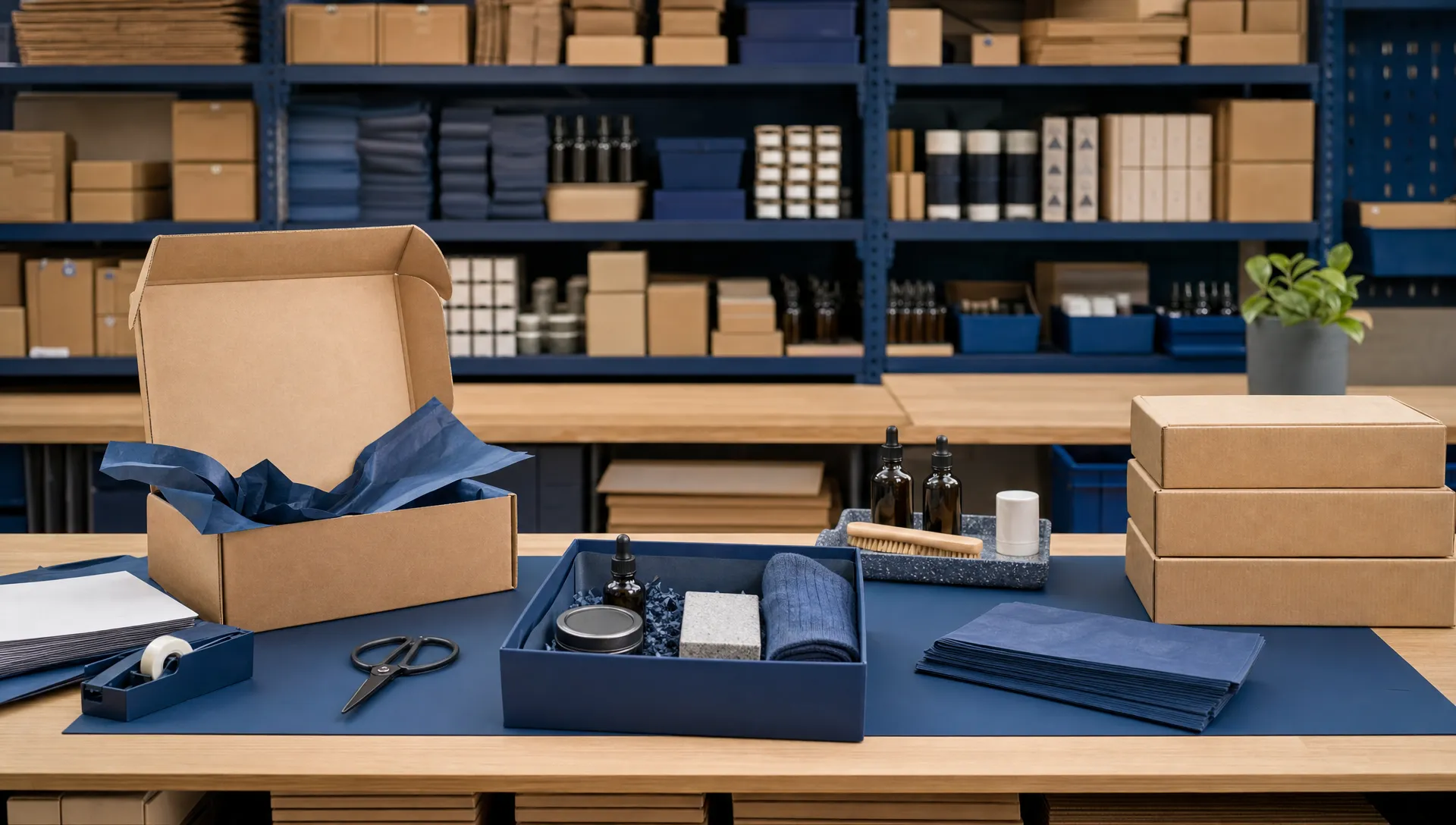 Fulfilment for Subscription Box Brands 1 A neat subscription box packing bench with unbranded cardboard boxes, plain tissue paper, small products laid out in trays and shelves of stock behind, with no visible logos or readable text on any item.