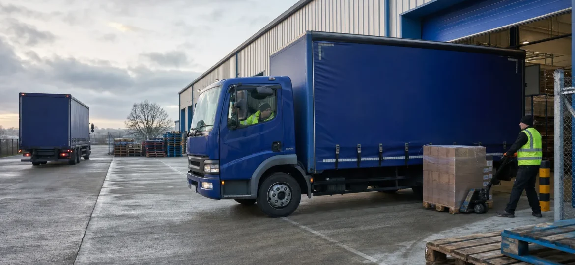 A right-hand drive lorry waits in a UK yard while warehouse staff move wrapped pallets for same-day distribution.