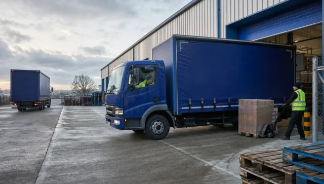 A right-hand drive lorry waits in a UK yard while warehouse staff move wrapped pallets for same-day distribution.