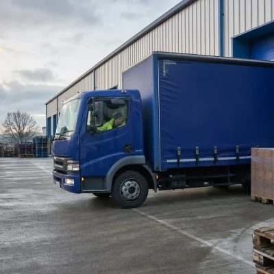 A right-hand drive lorry waits in a UK yard while warehouse staff move wrapped pallets for same-day distribution.