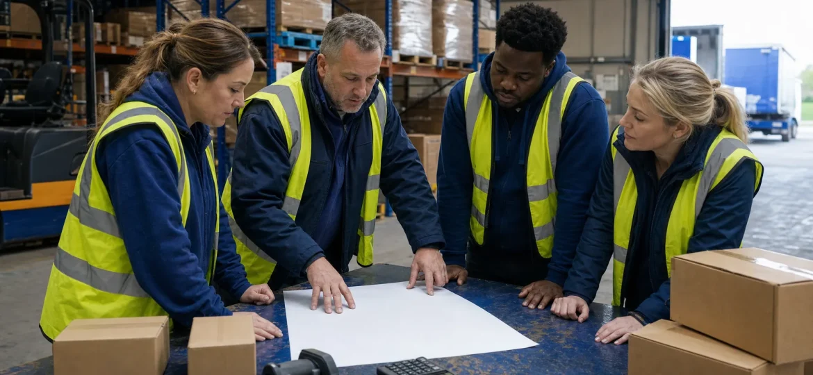 A supervisor reviews stock and dispatch priorities with cartons and a calculator in a warehouse planning area.