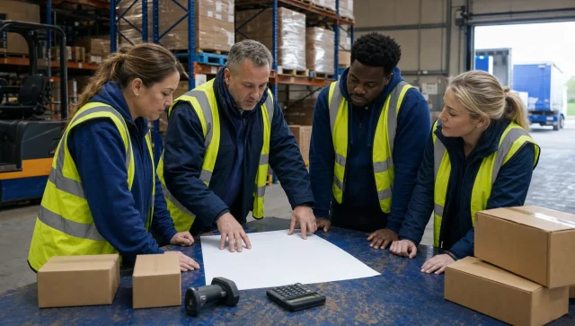 A supervisor reviews stock and dispatch priorities with cartons and a calculator in a warehouse planning area.