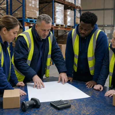 A supervisor reviews stock and dispatch priorities with cartons and a calculator in a warehouse planning area.