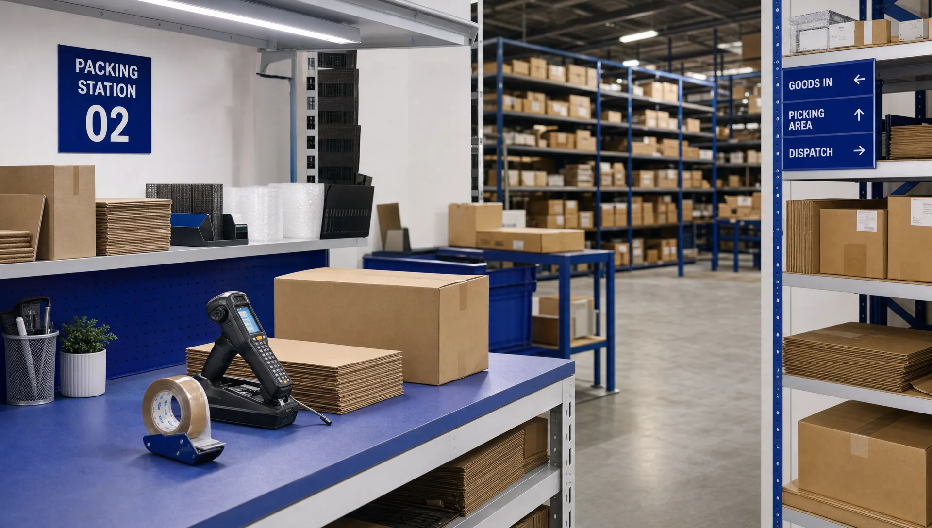 What UK Ecommerce Brands Are Actually Paying for Fulfilment in 2026 1 A tidy UK warehouse packing area with plain cardboard boxes, shelves of stock, packing materials and handheld scanners on a bench.