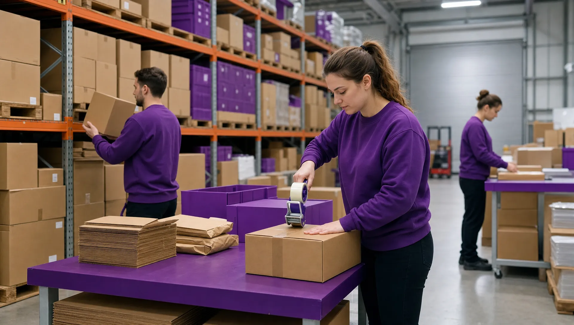 How to Reduce Fulfilment Costs Without Switching Providers 1 A tidy UK warehouse packing area with plain unbranded boxes, storage racking and workers in completely unbranded clothing preparing parcels for dispatch, with no readable labels or logos visible.