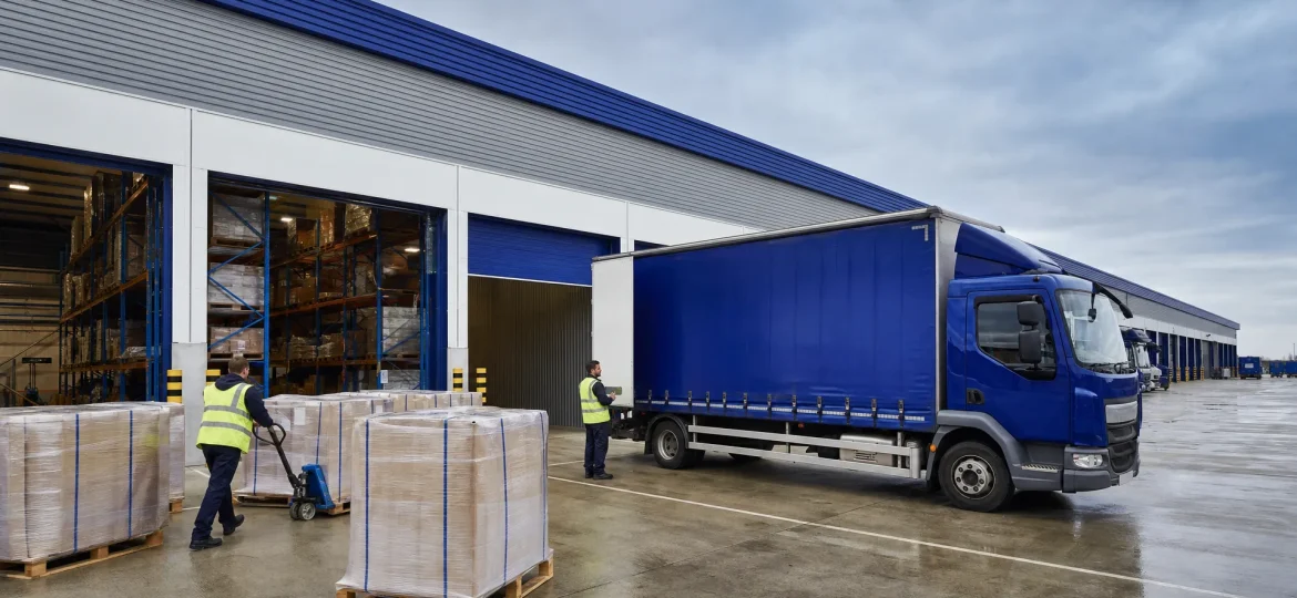 A UK logistics site receives overflow pallets beside open loading bays and a right-hand drive rigid vehicle.