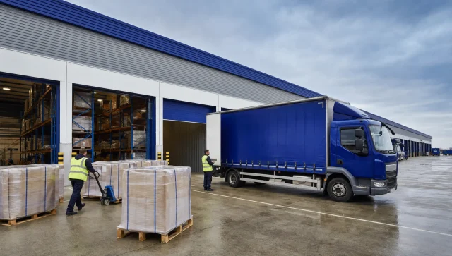 A UK logistics site receives overflow pallets beside open loading bays and a right-hand drive rigid vehicle.