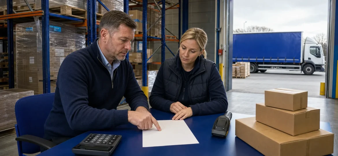 A warehouse manager and supervisor review fulfilment pricing beside plain parcels and a calculator in a UK logistics warehouse.