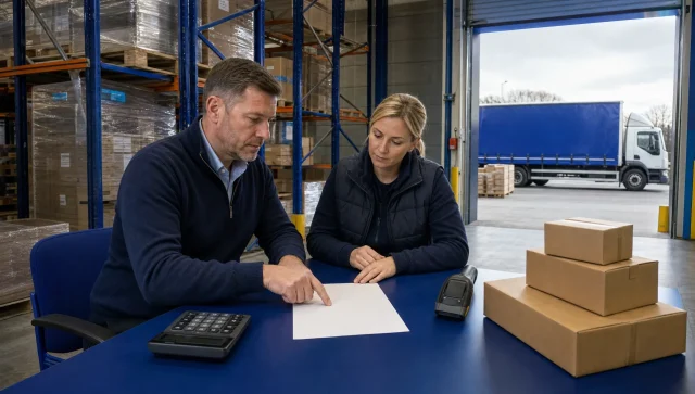 A warehouse manager and supervisor review fulfilment pricing beside plain parcels and a calculator in a UK logistics warehouse.