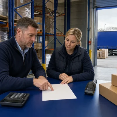 A warehouse manager and supervisor review fulfilment pricing beside plain parcels and a calculator in a UK logistics warehouse.