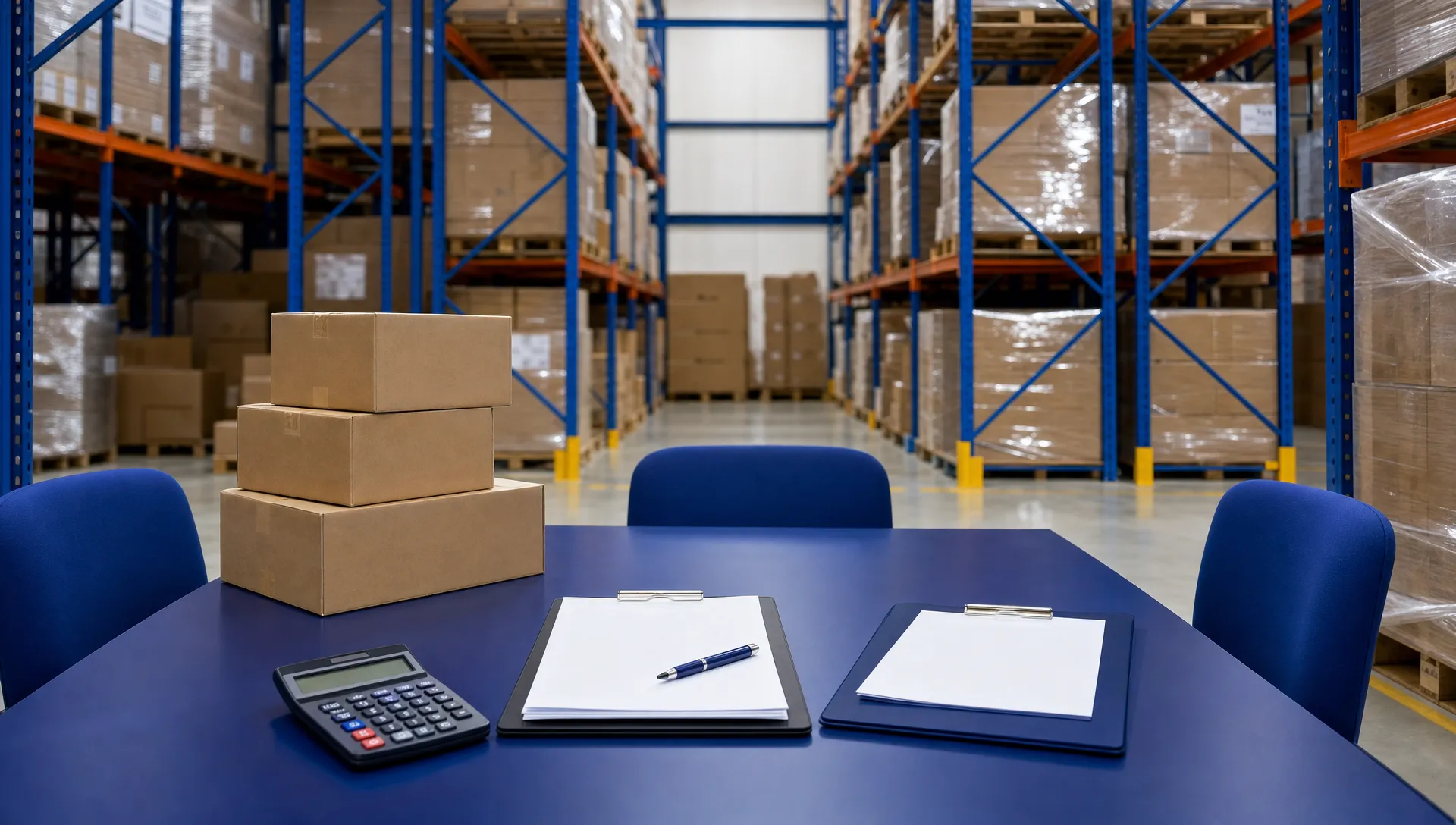A warehouse meeting table with blank contract papers, a calculator and unbranded cartons, with pallet racking and wrapped stock behind it.
