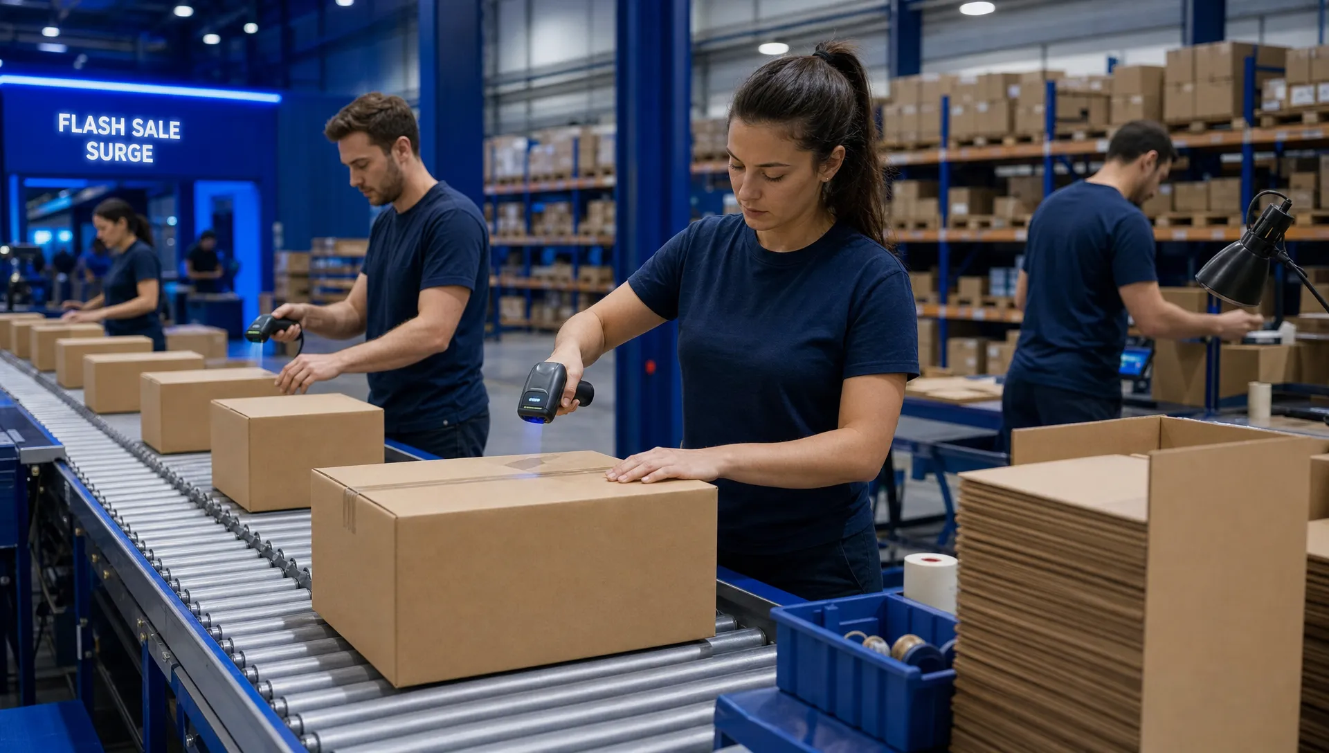 How to Handle Fulfilment for Flash Sales and Product Launches 1 A warehouse packing line with plain cartons, handheld scanners and unbranded staff preparing a surge of flash sale orders.