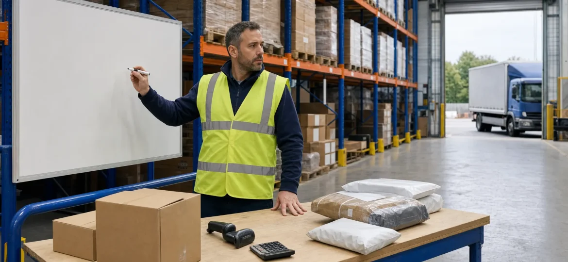 A warehouse supervisor plans 3PL services beside cartons and a blank whiteboard, with racking and a delivery vehicle in the background.