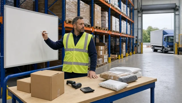 A warehouse supervisor plans 3PL services beside cartons and a blank whiteboard, with racking and a delivery vehicle in the background.