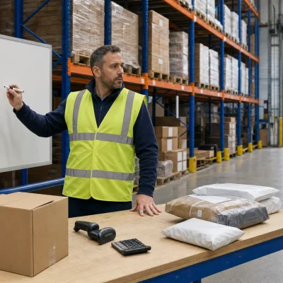 A warehouse supervisor plans 3PL services beside cartons and a blank whiteboard, with racking and a delivery vehicle in the background.