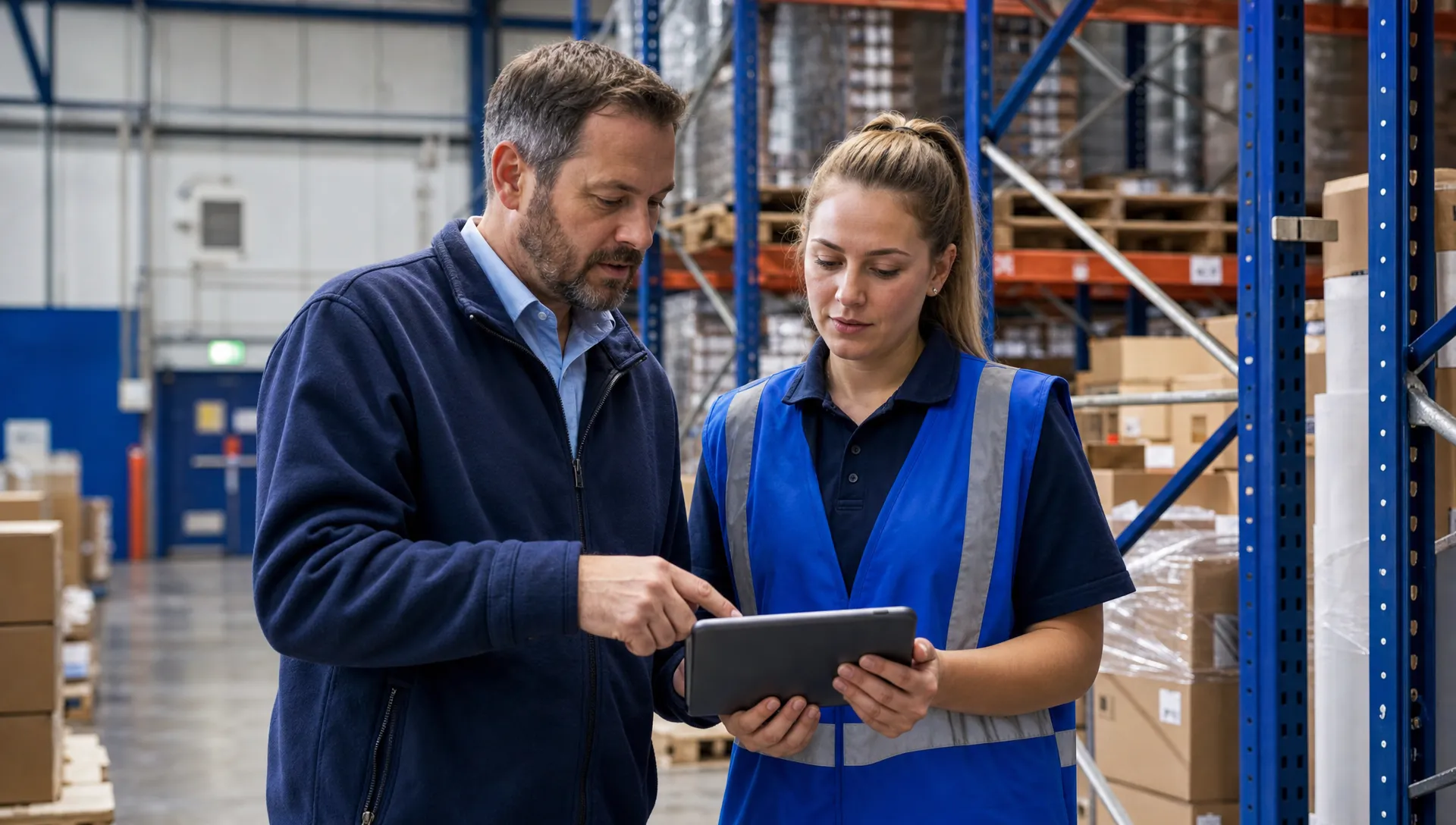 What to Look for in a 3PL's Technology and Reporting 1 An operations manager and warehouse worker review a tablet beside plain pallet racking in a UK warehouse.