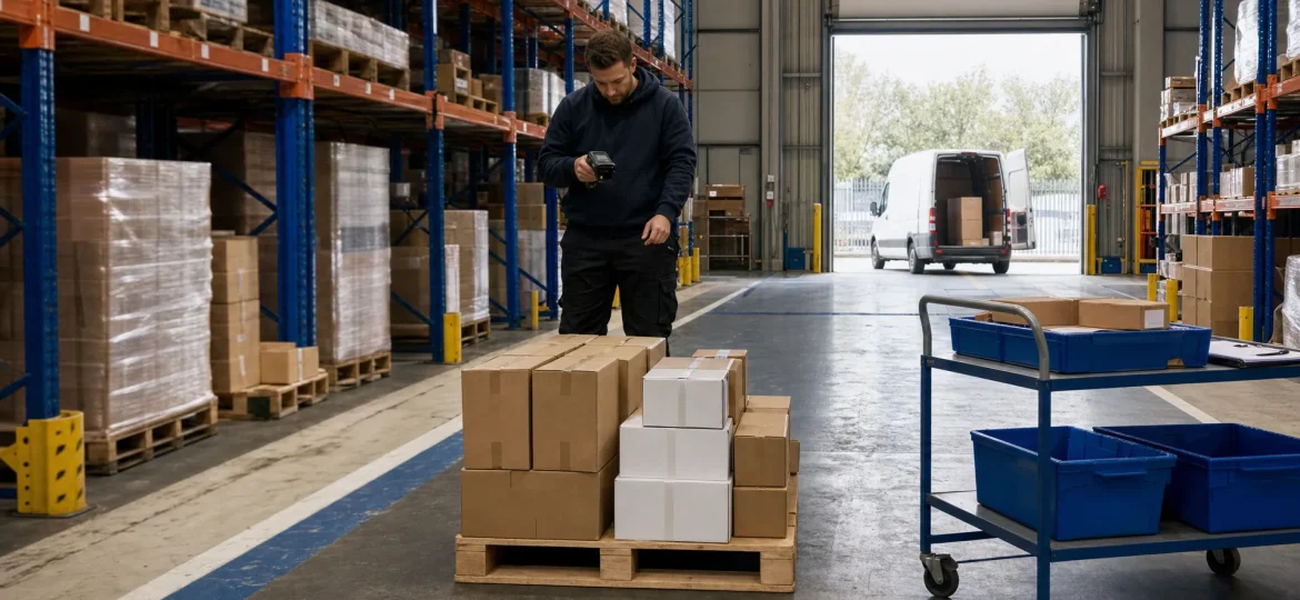 An operative scans the last cartons on a pallet while orders move through a UK fulfilment warehouse.