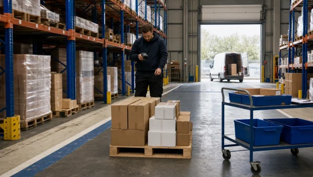 An operative scans the last cartons on a pallet while orders move through a UK fulfilment warehouse.