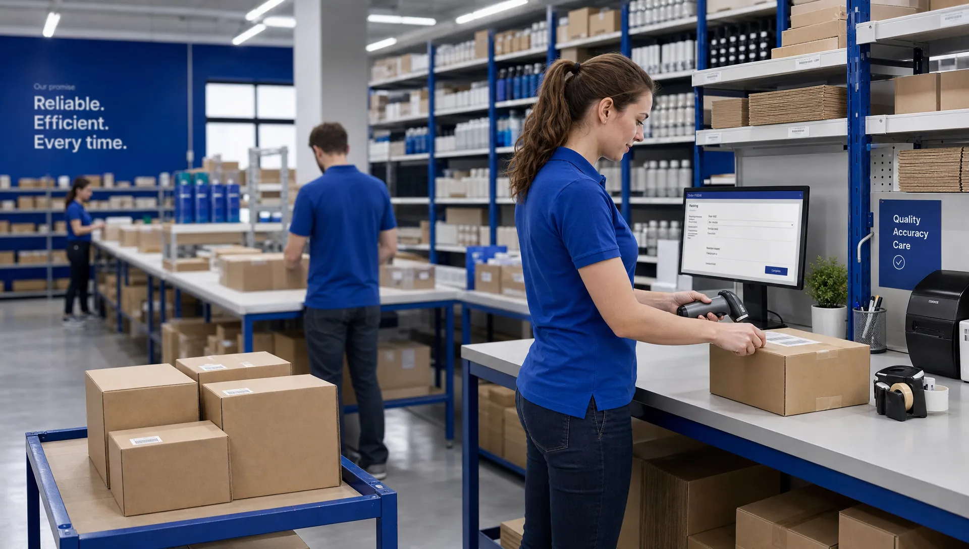 What Is a Fulfilment SLA and What Should Be In One 1 An organised fulfilment packing area with plain cardboard boxes, barcode scanners, shelving of unbranded products and tidy workstations.