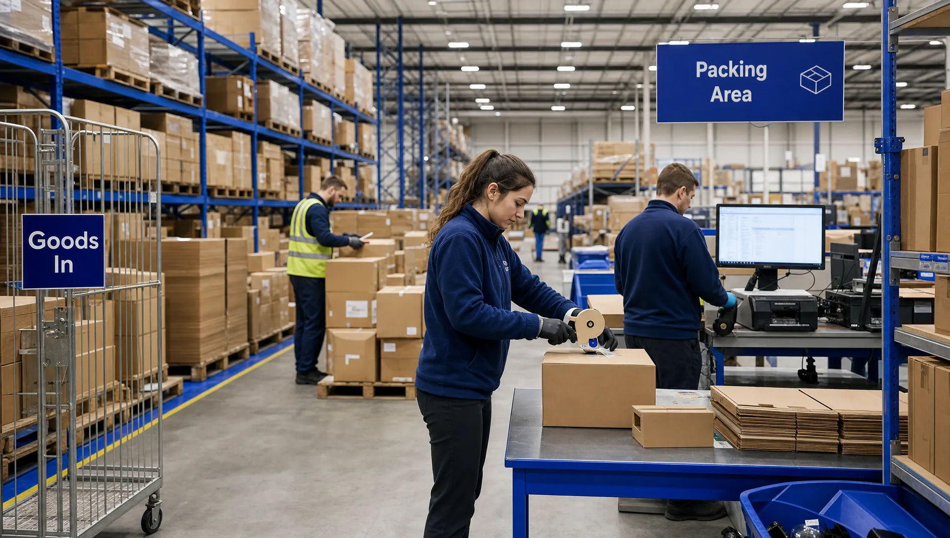 An organised UK warehouse packing area with plain boxes, racking, pallet storage and workers preparing parcels for dispatch.
