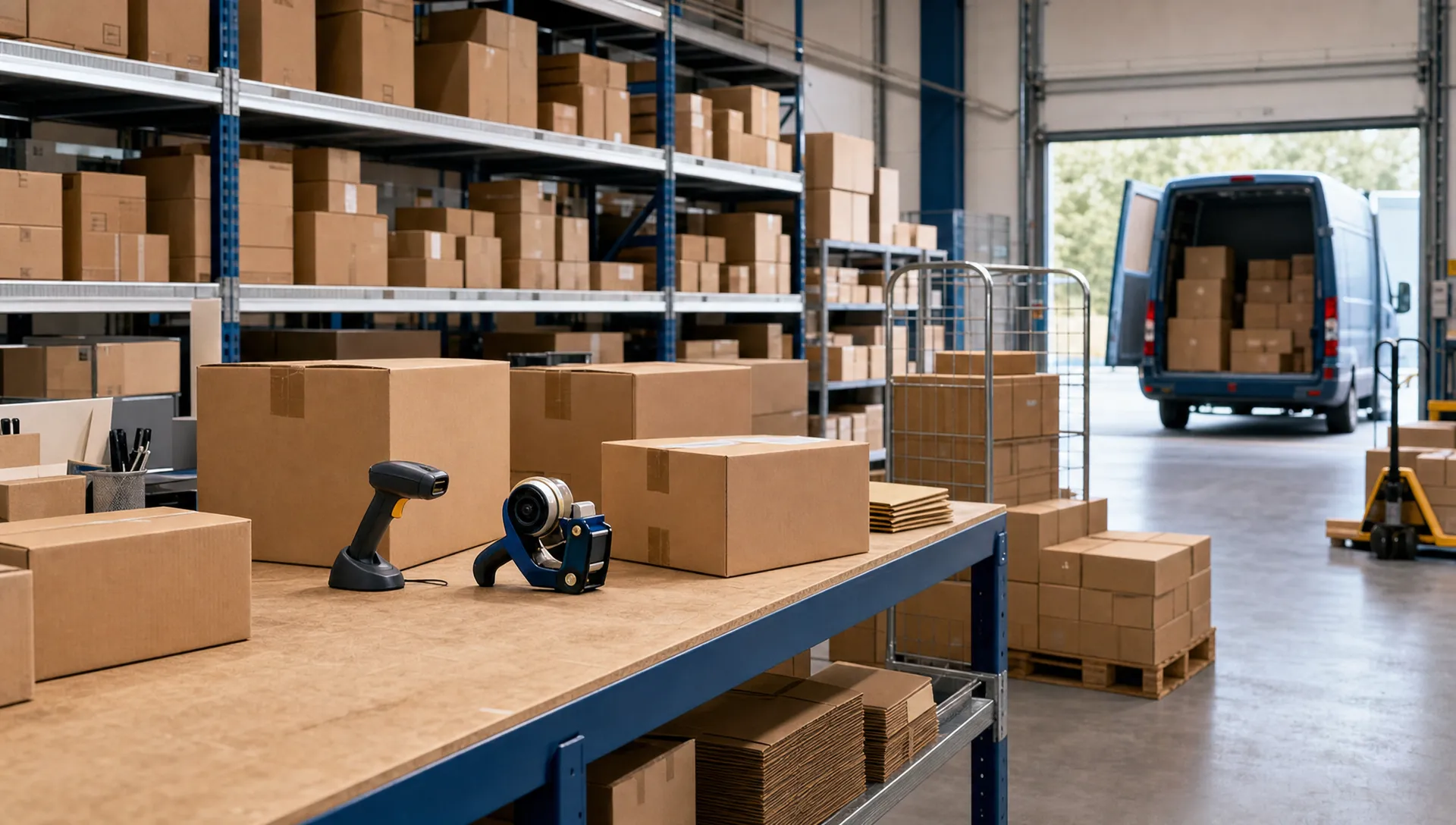 An organised warehouse packing area with unbranded cardboard boxes, shelving, handheld scanners and parcels ready for courier collection, with no logos, no branding and no readable text visible anywhere.