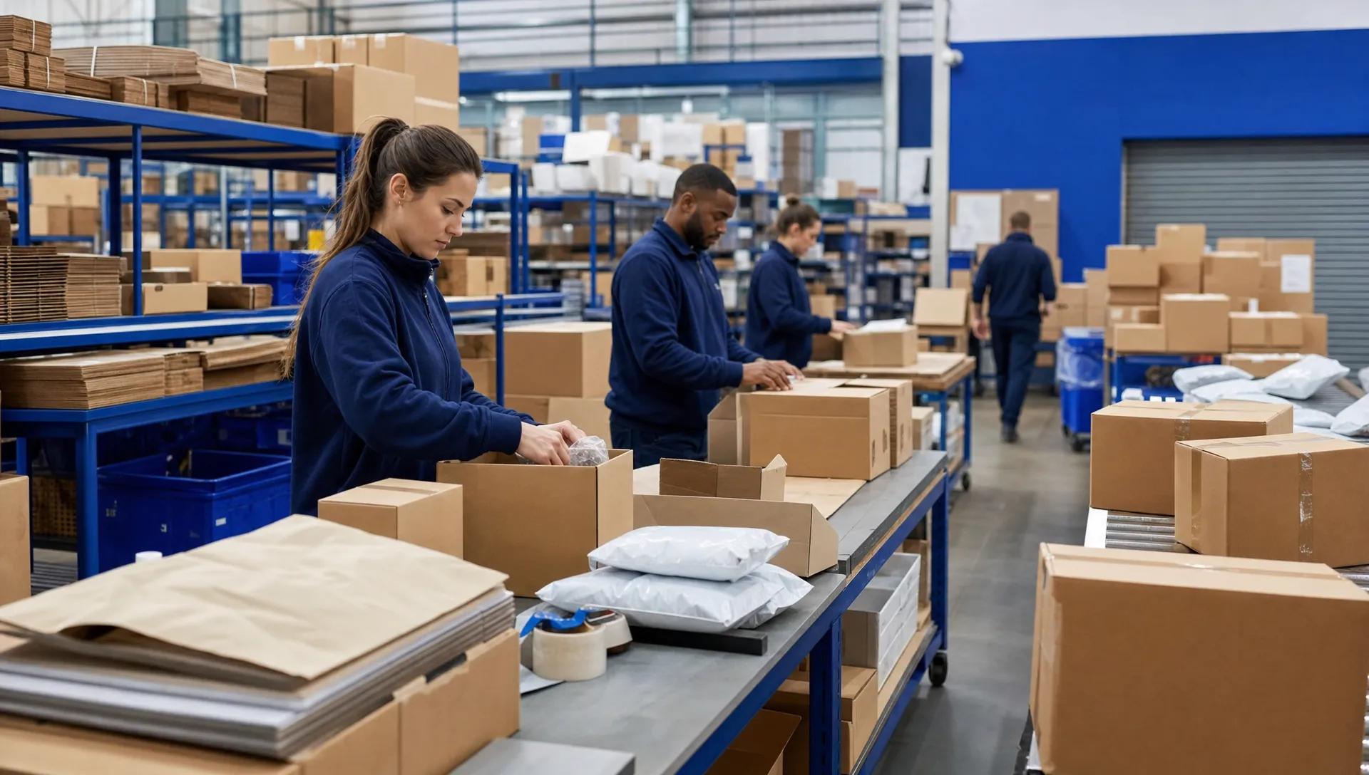 An organised warehouse packing area with unbranded boxes, packing materials and parcels ready for dispatch as staff prepare orders during a busy period.