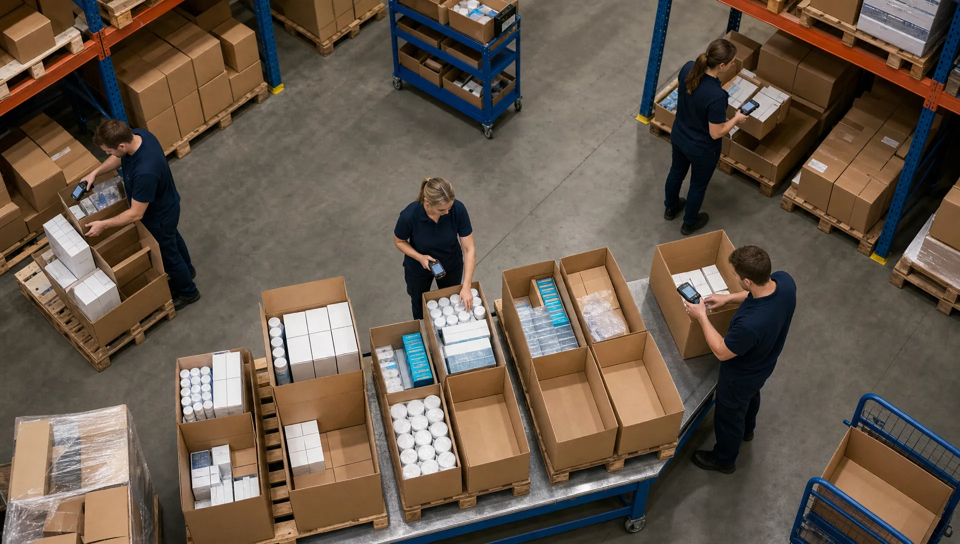 An overhead view of a warehouse picking area with plain pallets, unbranded cartons, handheld scanners and staff preparing mixed wholesale orders for dispatch. No logos, readable text or company names appear anywhere in the scene.