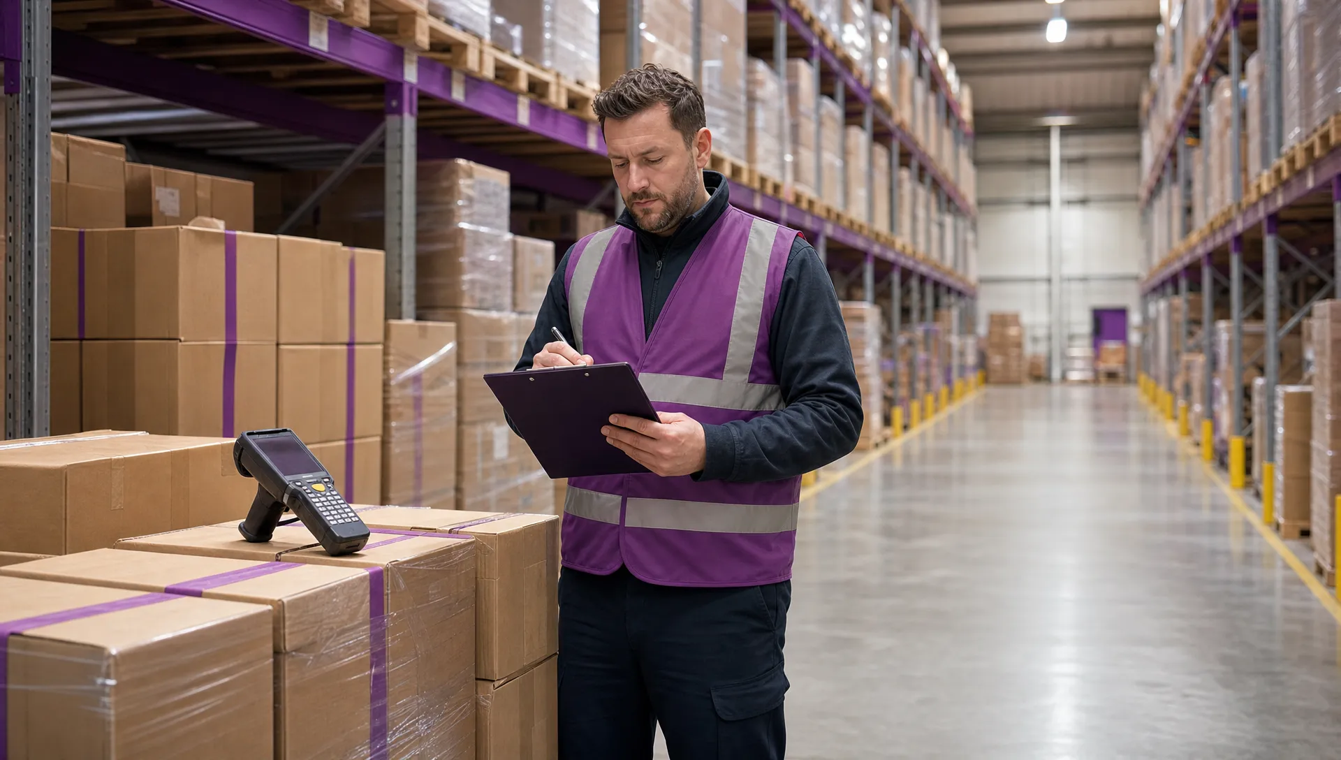 How to Audit Your 3PL Provider: A Practical Checklist 1 An unbranded UK warehouse scene showing neatly stacked pallets, plain cartons, a handheld scanner and an operations manager checking stock on a blank clipboard, with tall racking and a tidy aisle in the background.