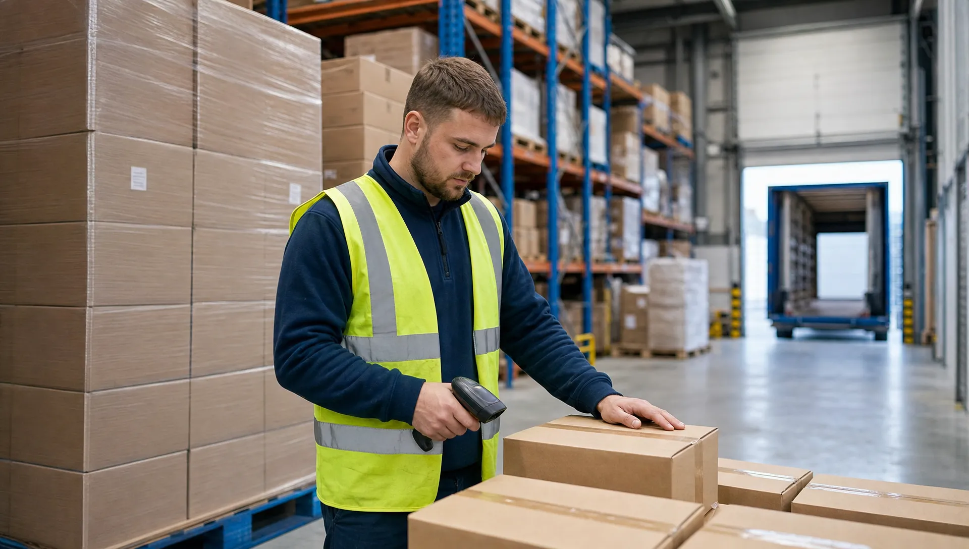 An unbranded warehouse operative scanning plain cartons beside palletised trade stock in a UK logistics warehouse, with a clear dispatch area and tall racking in the background, and no visible logos or readable text.