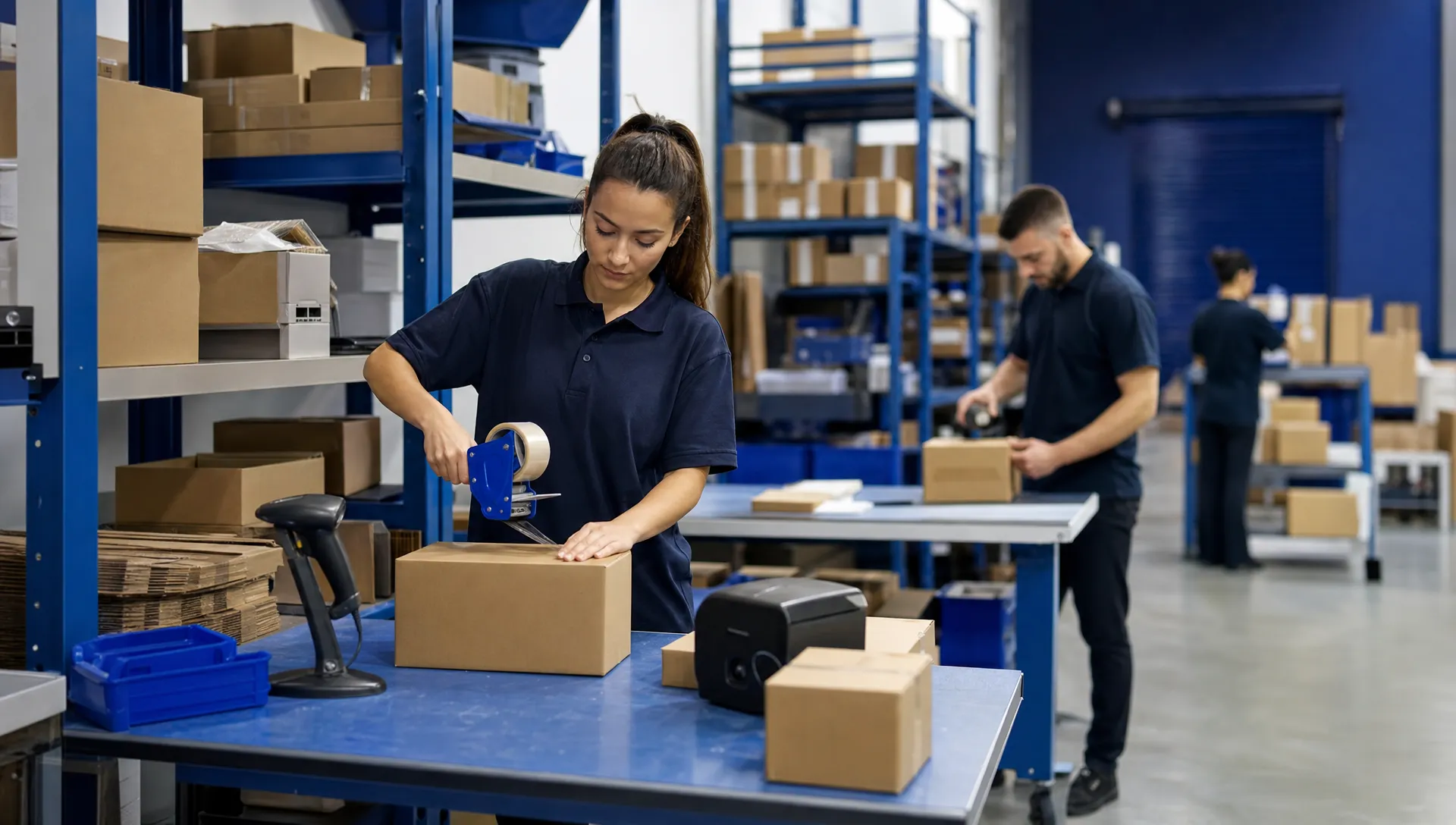 How to Scale Fulfilment During Rapid Growth 1 An unbranded warehouse packing area with plain boxes, organised shelves, barcode scanners and staff in plain workwear preparing parcels.