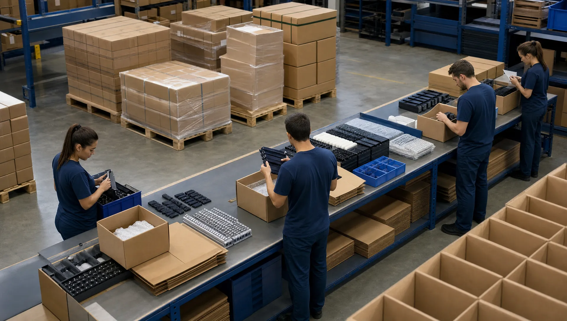 What to Look for in a Contract Packing Company 1 An unbranded warehouse packing area with plain cartons, neatly arranged product components, packing benches and workers in plain workwear checking items before dispatch, viewed from a slightly elevated angle with pallets and staging behind them. No logos, no brand names and no readable text appear on any objects.