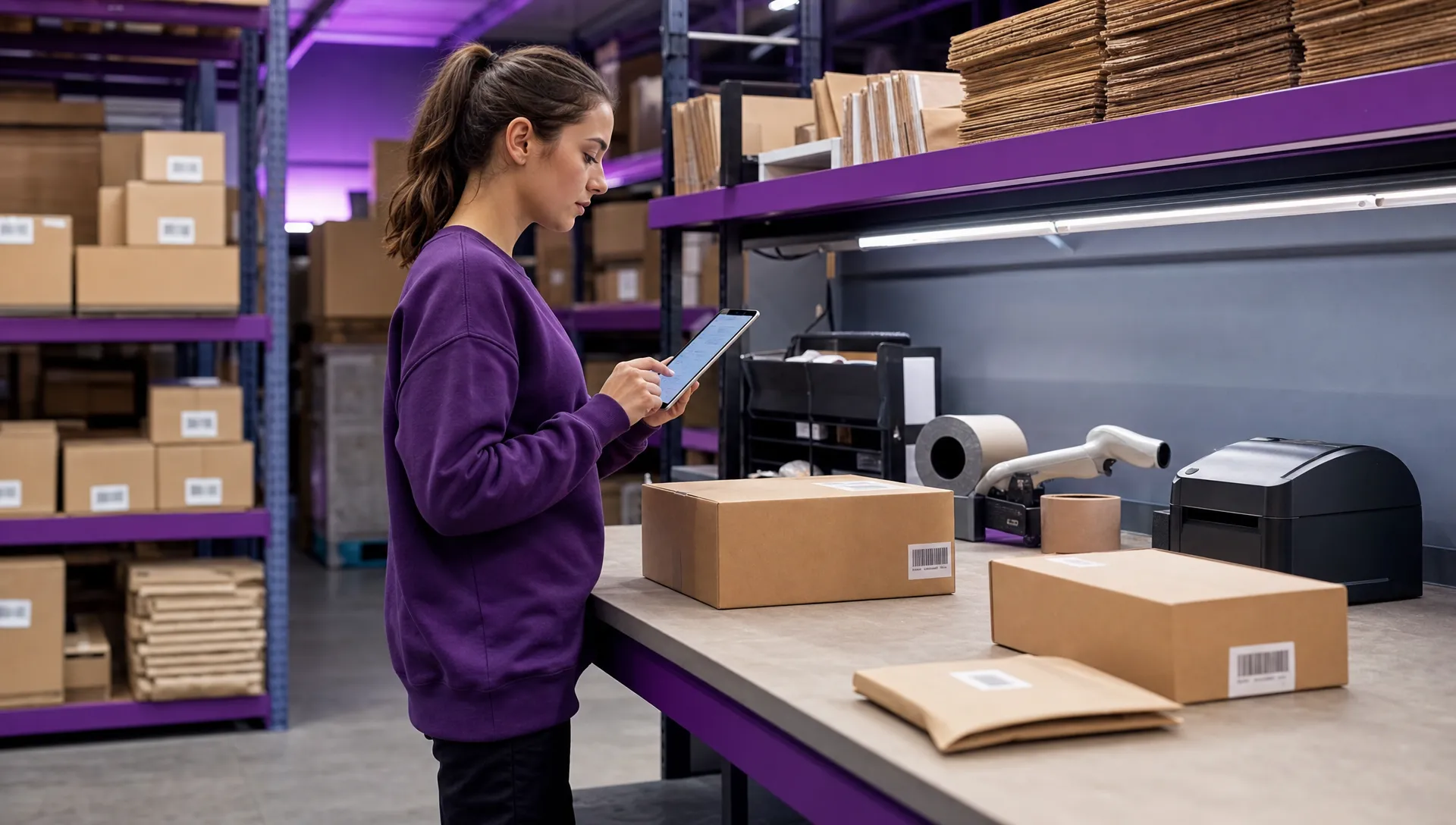 An unbranded warehouse packing bench with plain parcels, barcode labels with no readable text, and an unbranded worker checking products against a tablet screen facing the correct direction. No logos, company names, readable documents or branded clothing are visible.