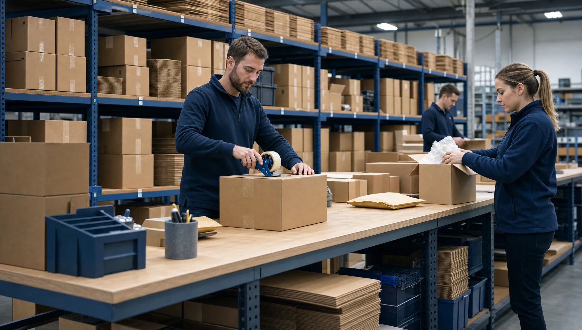 Medium view of an unbranded warehouse packing bench with plain parcels, neatly organised stock on shelves and staff in plain workwear preparing orders, with no logos, no readable text and no branded items visible.