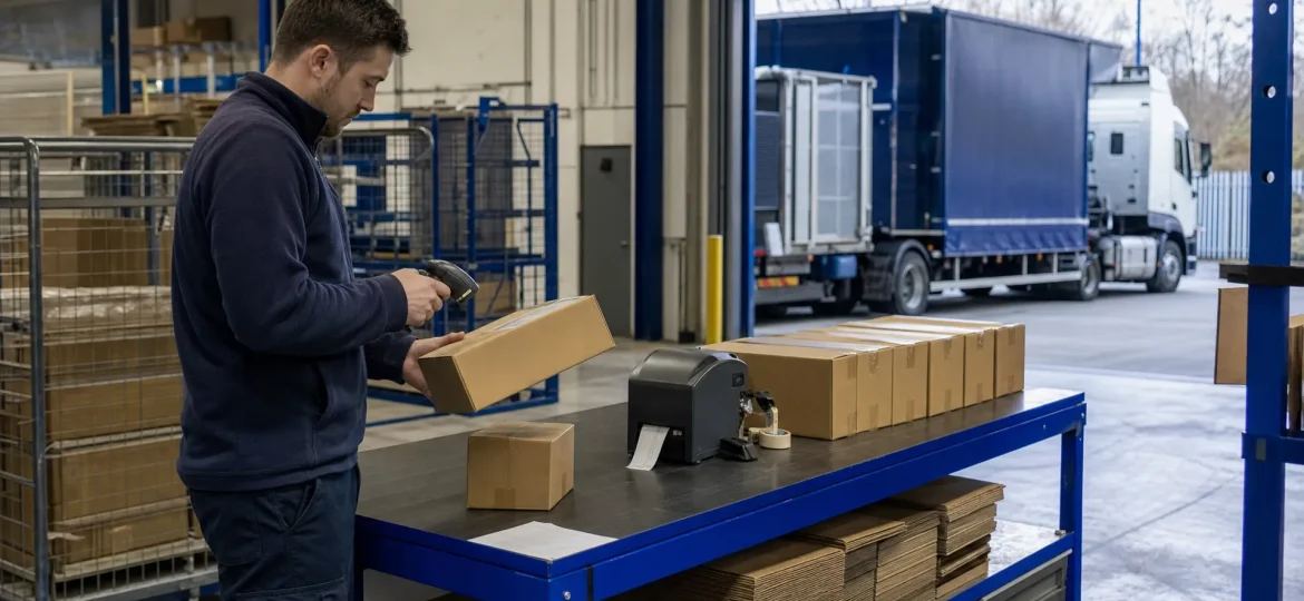 Plain parcels wait beside a packing bench as a warehouse operative checks dispatch before loading in a UK goods-out area.