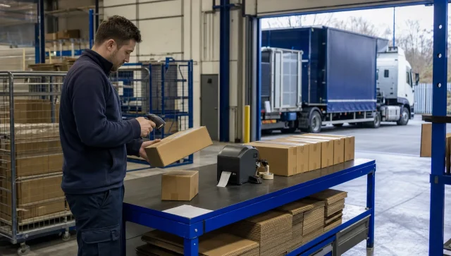Plain parcels wait beside a packing bench as a warehouse operative checks dispatch before loading in a UK goods-out area.