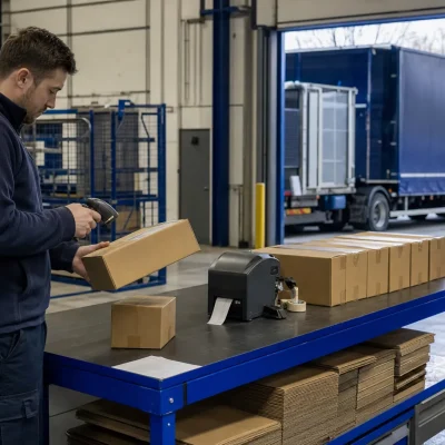 Plain parcels wait beside a packing bench as a warehouse operative checks dispatch before loading in a UK goods-out area.