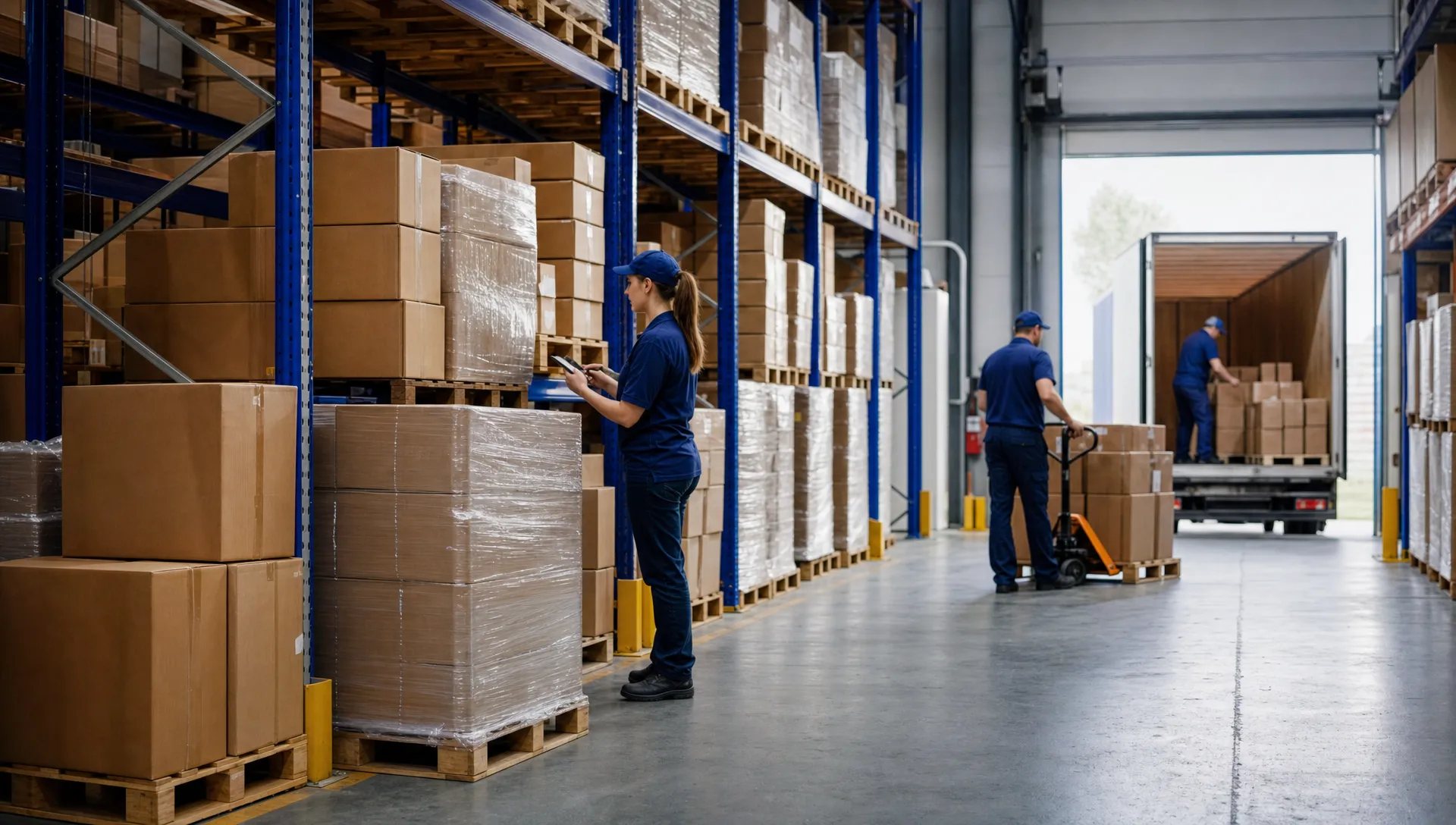 Plain unbranded cartons and wrapped pallets sit in a warehouse aisle while workers check stock and move goods between racking and the loading area.