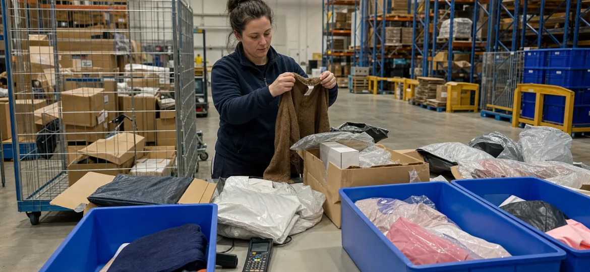 Returned stock is sorted into separate piles in a warehouse returns area before peak season.