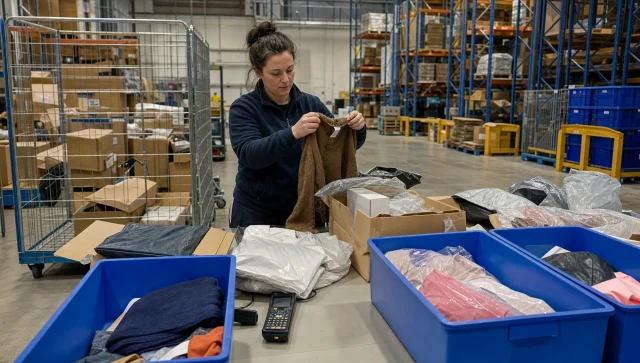 Returned stock is sorted into separate piles in a warehouse returns area before peak season.