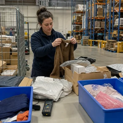 Returned stock is sorted into separate piles in a warehouse returns area before peak season.