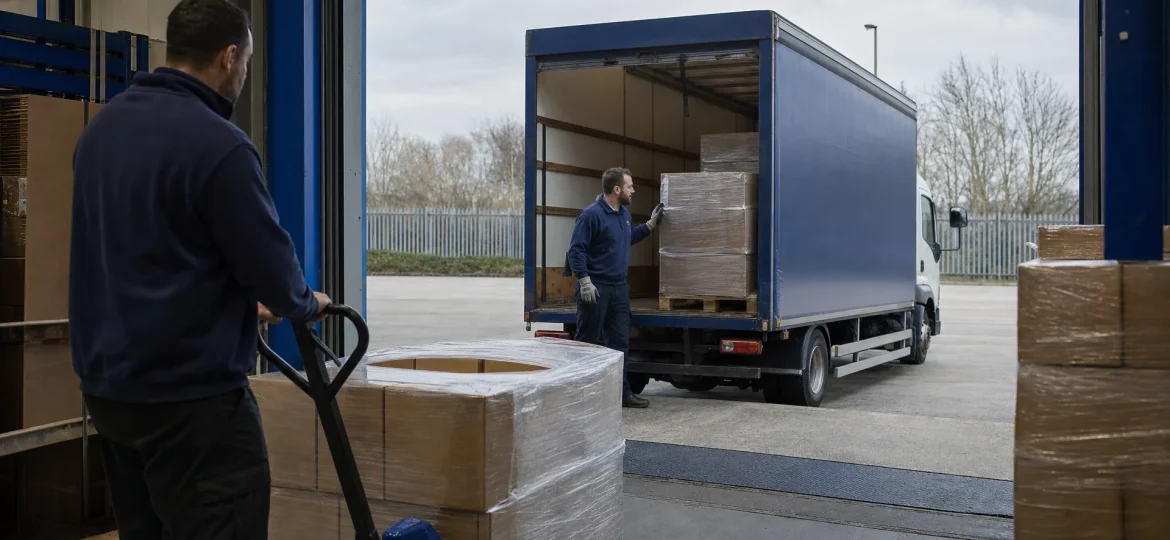 Staff move wrapped pallets beside a right-hand drive rigid truck at a warehouse loading bay.