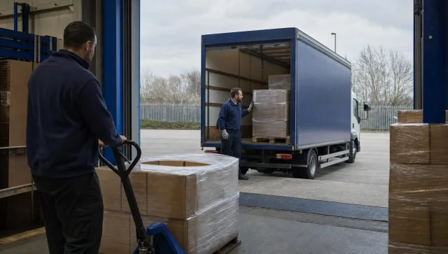 Staff move wrapped pallets beside a right-hand drive rigid truck at a warehouse loading bay.