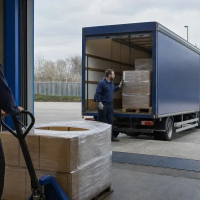 Staff move wrapped pallets beside a right-hand drive rigid truck at a warehouse loading bay.