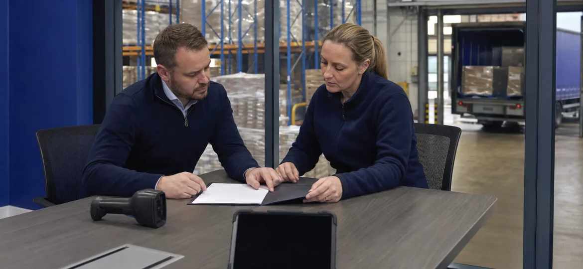 Two operations managers review a fulfilment SLA beside a blank contract folder, with warehouse racking and wrapped stock visible behind them.