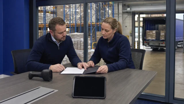 Two operations managers review a fulfilment SLA beside a blank contract folder, with warehouse racking and wrapped stock visible behind them.
