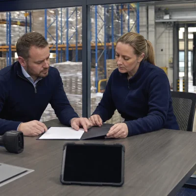 Two operations managers review a fulfilment SLA beside a blank contract folder, with warehouse racking and wrapped stock visible behind them.