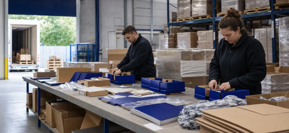 Two warehouse operatives assemble retail packs beside display materials and stacked stock.