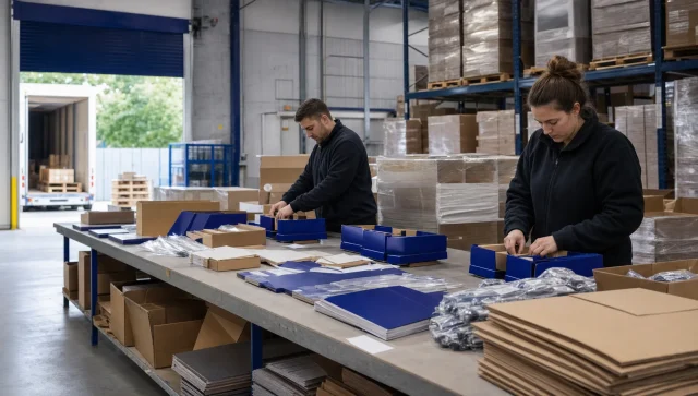 Two warehouse operatives assemble retail packs beside display materials and stacked stock.
