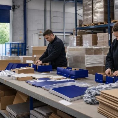 Two warehouse operatives assemble retail packs beside display materials and stacked stock.